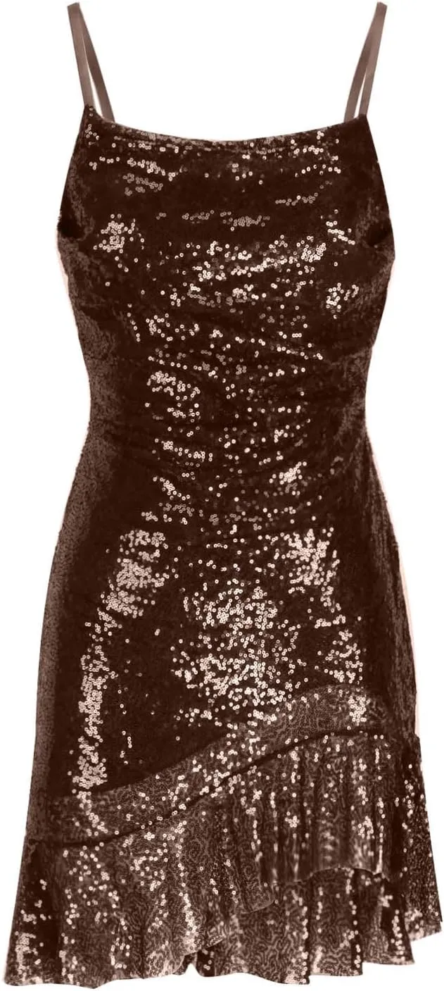 Women Sparkly Sequin Mini Dress Sexy Glitter Spaghetti Strap Ruffle Hem Cami Dresses Fashion Sexy Club Party Outfits