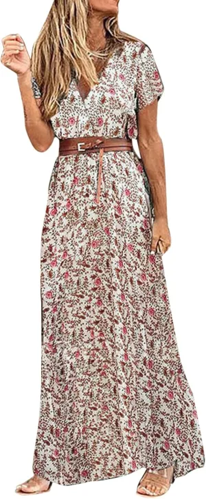 Women Summer Bohemian Floral Casual Wrap V Neck Ruffle Short Sleeve Belt A-Line Pleated Hem Swing Midi Sun Dress