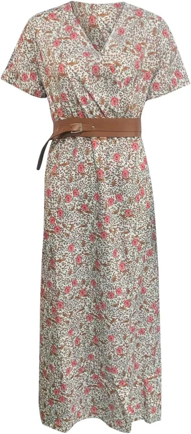 Women Summer Bohemian Floral Casual Wrap V Neck Ruffle Short Sleeve Belt A-Line Pleated Hem Swing Midi Sun Dress