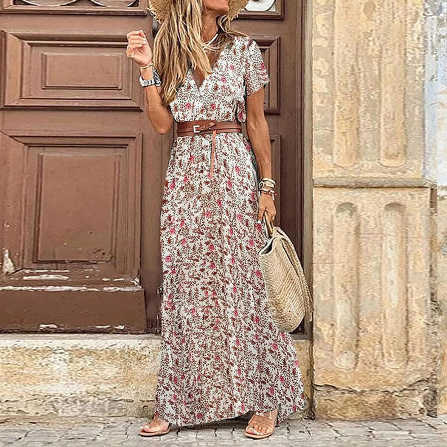 Women Summer Bohemian Floral Casual Wrap V Neck Ruffle Short Sleeve Belt A-Line Pleated Hem Swing Midi Sun Dress