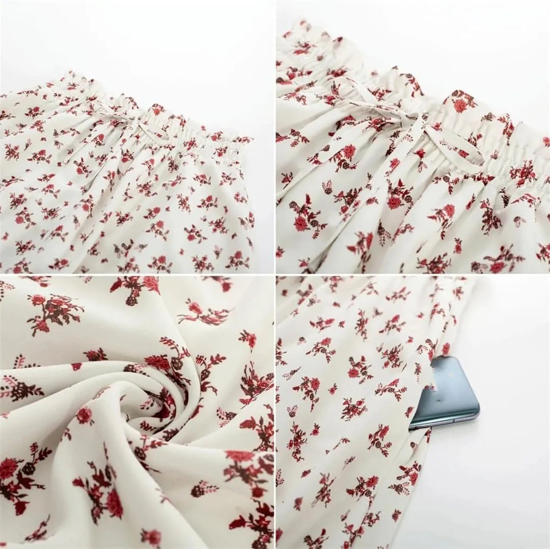 Women Swing Skirt Floral Printed Summer Elegant Elastic Drawstring Waist A-Line Skirt Pleated A-Line Swing Midi Skirt