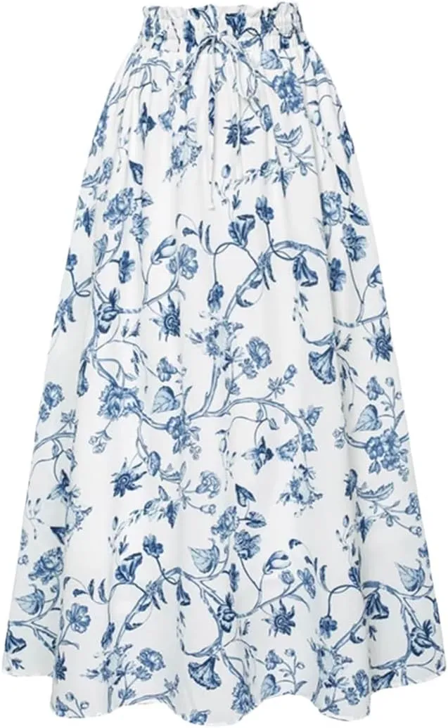Women Swing Skirt Floral Printed Summer Elegant Elastic Drawstring Waist A-Line Skirt Pleated A-Line Swing Midi Skirt