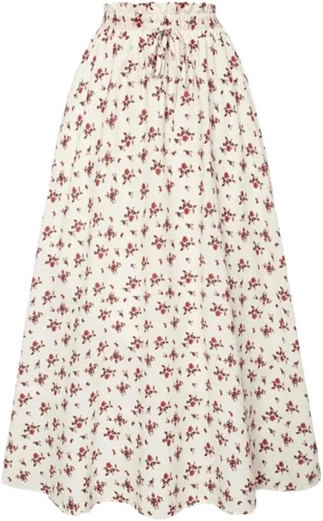 Women Swing Skirt Floral Printed Summer Elegant Elastic Drawstring Waist A-Line Skirt Pleated A-Line Swing Midi Skirt