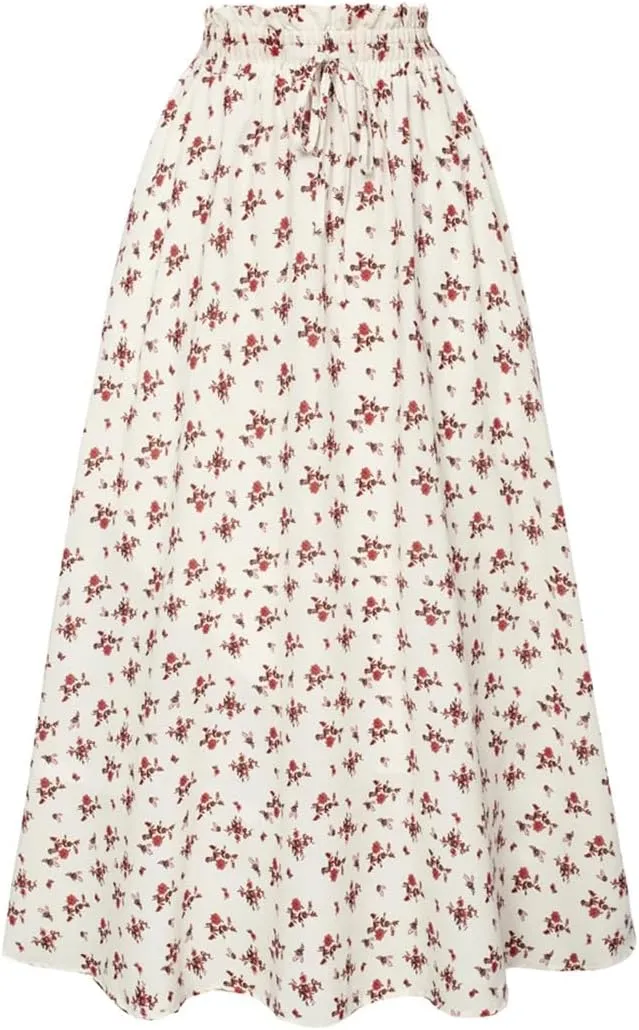 Women Swing Skirt Floral Printed Summer Elegant Elastic Drawstring Waist A-Line Skirt Pleated A-Line Swing Midi Skirt