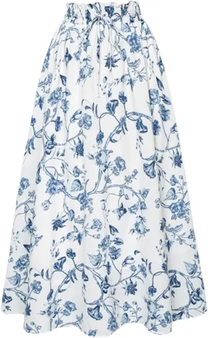 Women Swing Skirt Floral Printed Summer Elegant Elastic Drawstring Waist A-Line Skirt Pleated A-Line Swing Midi Skirt