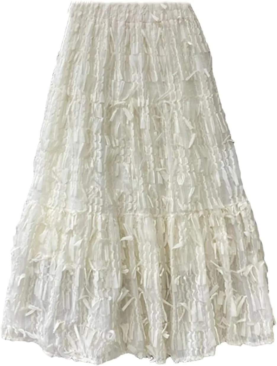 Women Tassel Patchwork A-Line High Waist Female Long Skirt Spring Elastic High Waist Pleated A-Line Swing Midi Skirt