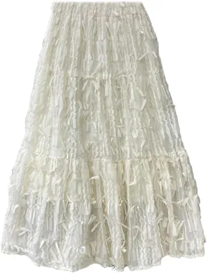 Women Tassel Patchwork A-Line High Waist Female Long Skirt Spring Elastic High Waist Pleated A-Line Swing Midi Skirt