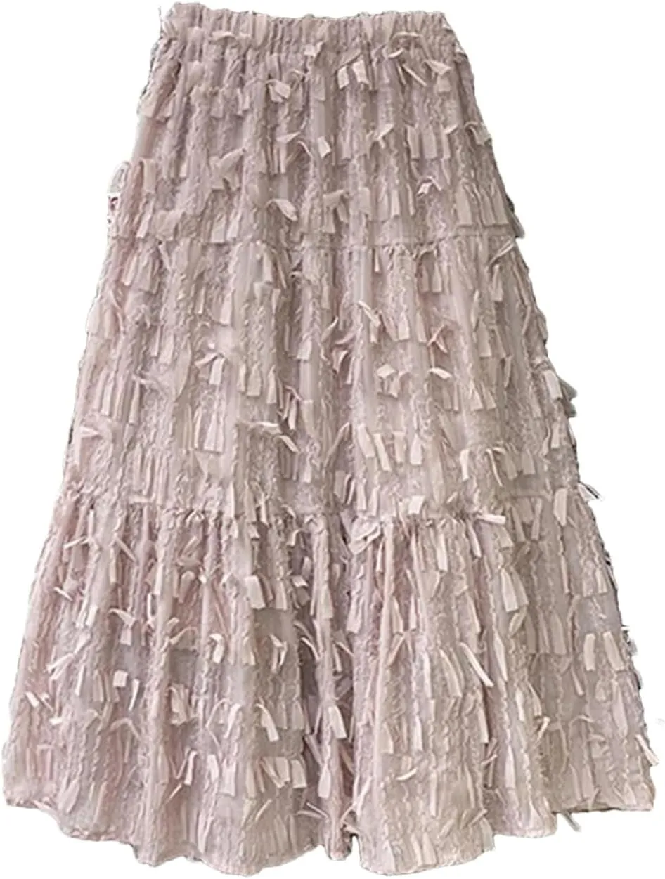 Women Tassel Patchwork A-Line High Waist Female Long Skirt Spring Elastic High Waist Pleated A-Line Swing Midi Skirt