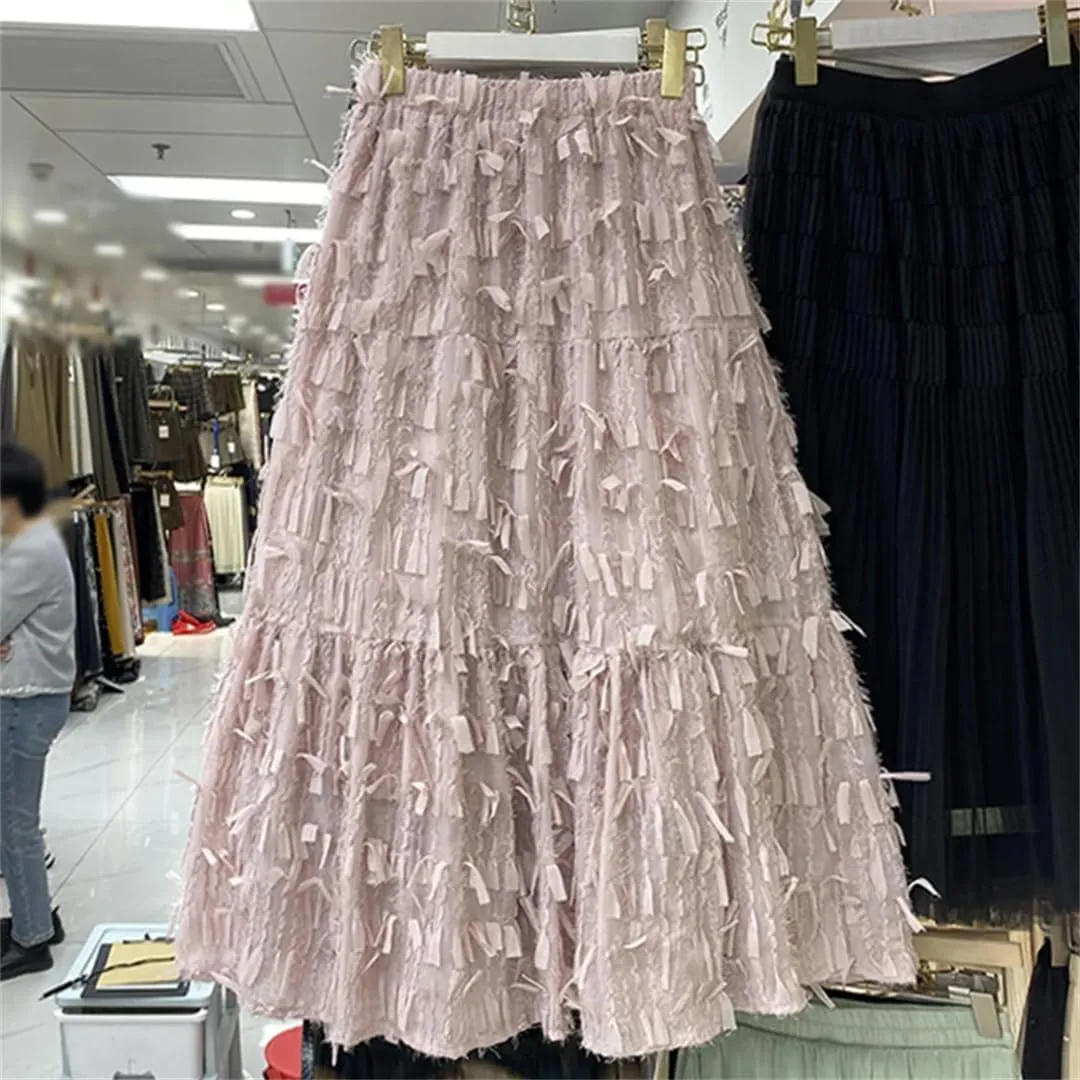 Women Tassel Patchwork A-Line High Waist Female Long Skirt Spring Elastic High Waist Pleated A-Line Swing Midi Skirt