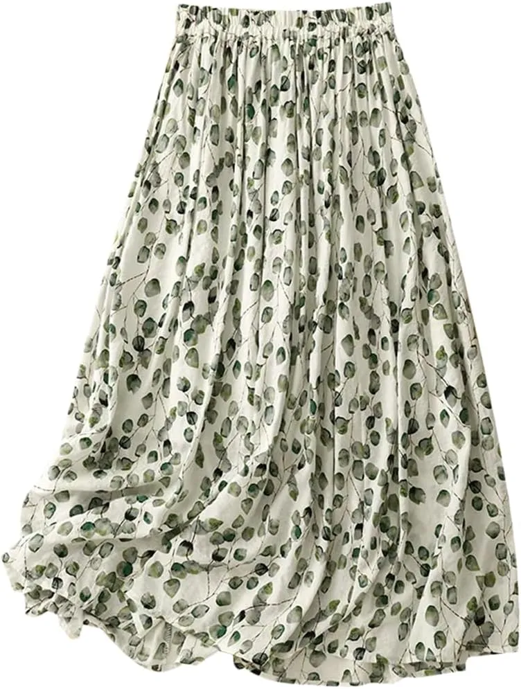Women Vintage Cotton Linen Midi Skirt Print Chinese Style Loose Casual A-Line Skirts