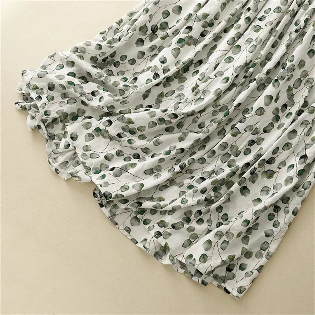 Women Vintage Cotton Linen Midi Skirt Print Chinese Style Loose Casual A-Line Skirts