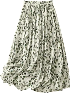 Women Vintage Cotton Linen Midi Skirt Print Chinese Style Loose Casual A-Line Skirts