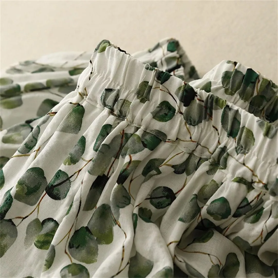 Women Vintage Cotton Linen Midi Skirt Print Chinese Style Loose Casual A-Line Skirts
