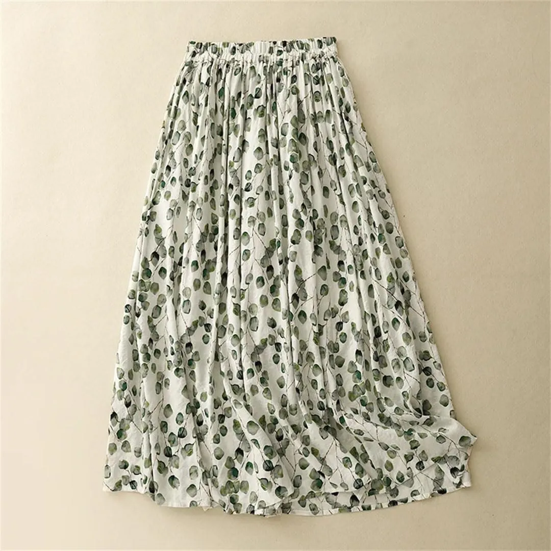 Women Vintage Cotton Linen Midi Skirt Print Chinese Style Loose Casual A-Line Skirts