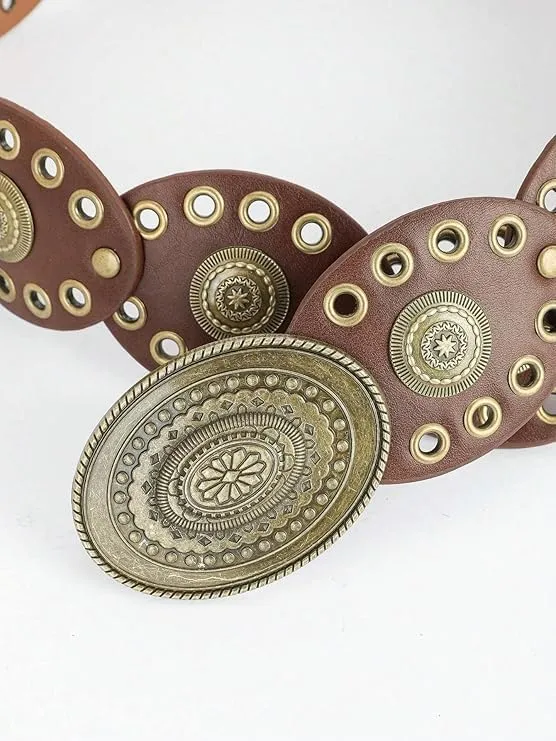 Women Western-Belts Wide-Hollow-Disc-Leather-Belt Metal Buckle Vintage Soft Belt for Jeans Dresses