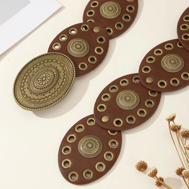 Women Western-Belts Wide-Hollow-Disc-Leather-Belt Metal Buckle Vintage Soft Belt for Jeans Dresses