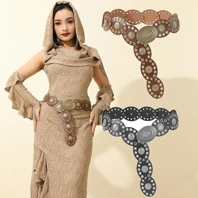 Women Western-Belts Wide-Hollow-Disc-Leather-Belt Metal Buckle Vintage Soft Belt for Jeans Dresses
