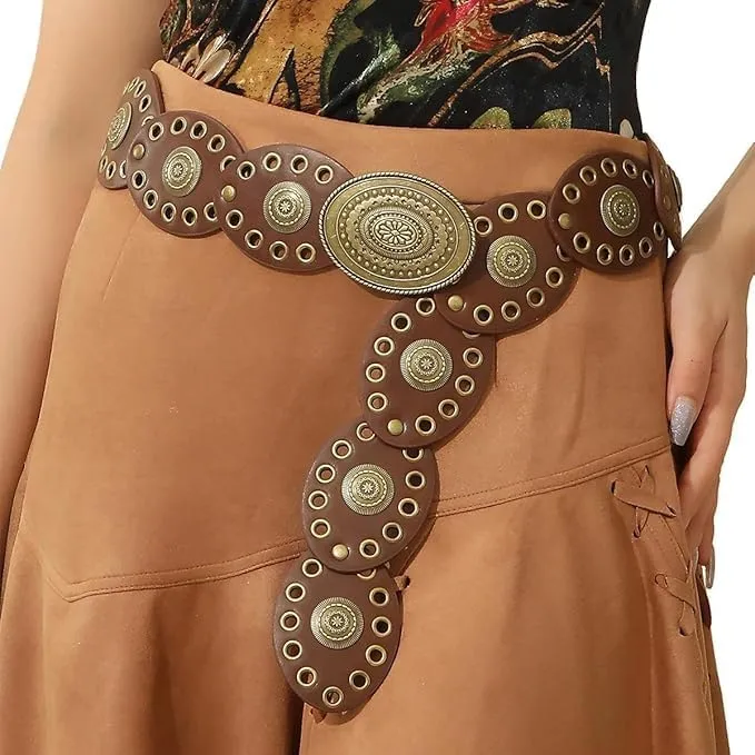 Women Western-Belts Wide-Hollow-Disc-Leather-Belt Metal Buckle Vintage Soft Belt for Jeans Dresses