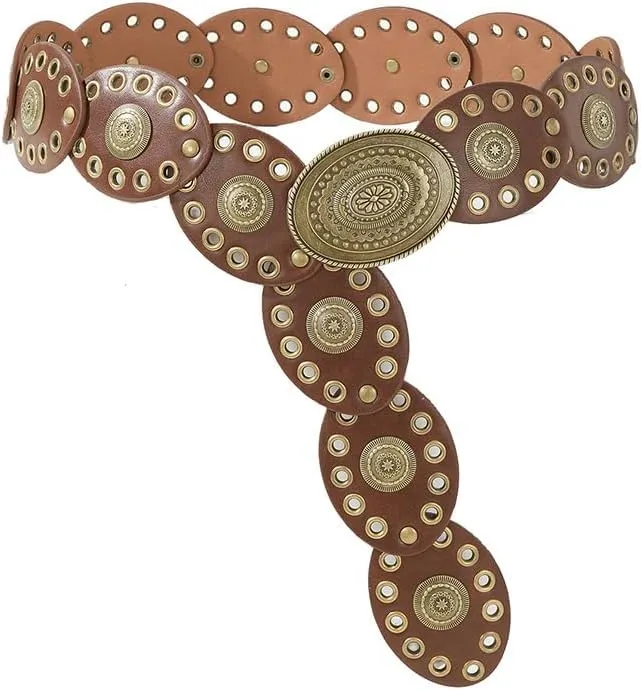 Women Western-Belts Wide-Hollow-Disc-Leather-Belt Metal Buckle Vintage Soft Belt for Jeans Dresses