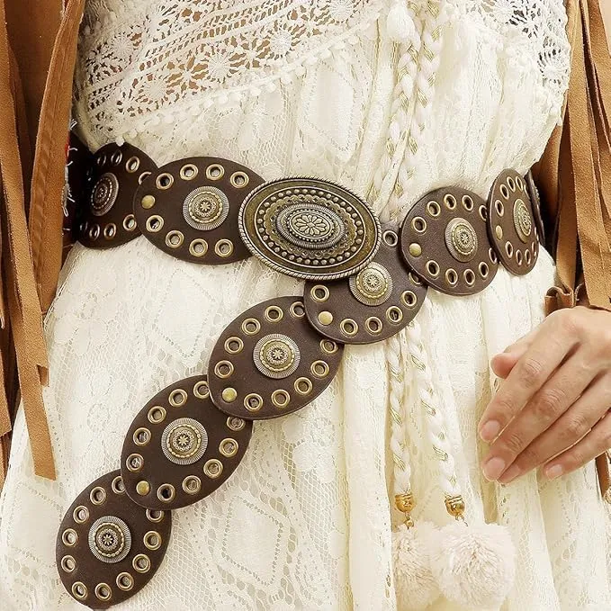 Women Western-Belts Wide-Hollow-Disc-Leather-Belt Metal Buckle Vintage Soft Belt for Jeans Dresses