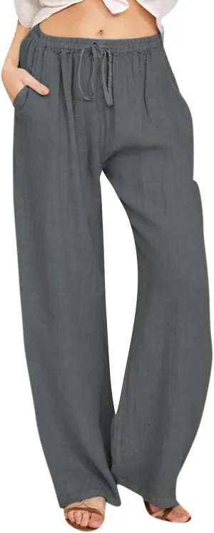 Womens Beach Linen Pants Drawstring Wide Leg Cotton Trousers Loose Summer Comfy Palazzo Pants with Pockets
