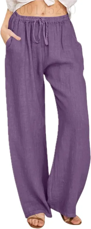Womens Beach Linen Pants Drawstring Wide Leg Cotton Trousers Loose Summer Comfy Palazzo Pants with Pockets