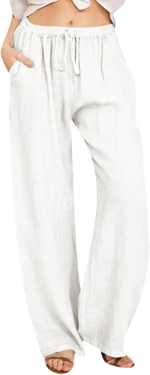 Womens Beach Linen Pants Drawstring Wide Leg Cotton Trousers Loose Summer Comfy Palazzo Pants with Pockets