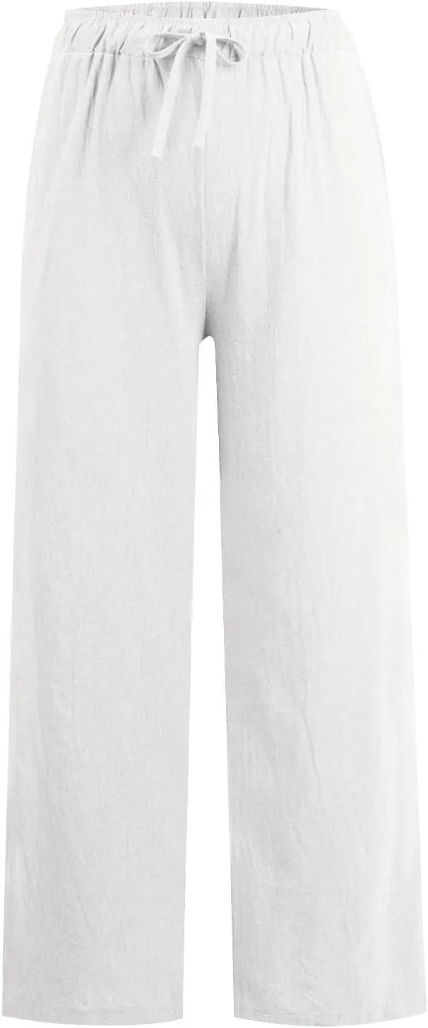 Womens Beach Linen Pants Drawstring Wide Leg Cotton Trousers Loose Summer Comfy Palazzo Pants with Pockets