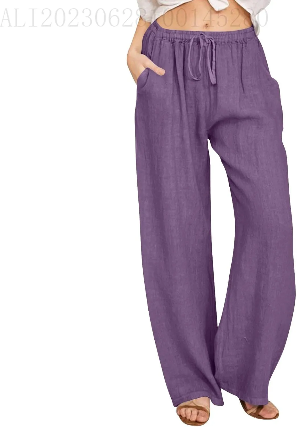 Womens Beach Linen Pants Drawstring Wide Leg Cotton Trousers Loose Summer Comfy Palazzo Pants with Pockets