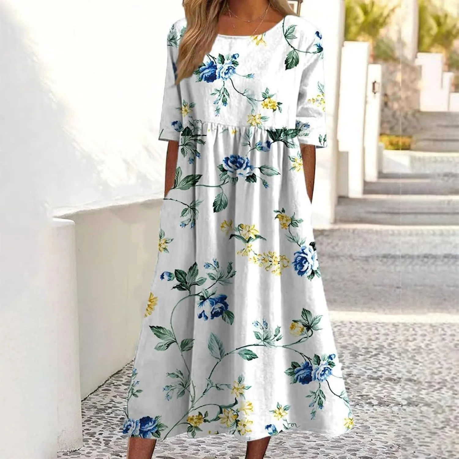 Women's Bohemian Floral Printed Maxi Spring Dress 2025 Colorful Summer Casual Loose Flowy Dresses with Pockets