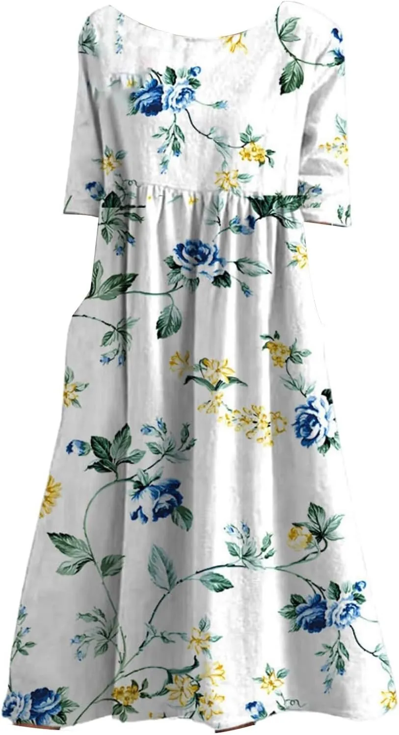 Women's Bohemian Floral Printed Maxi Spring Dress 2025 Colorful Summer Casual Loose Flowy Dresses with Pockets