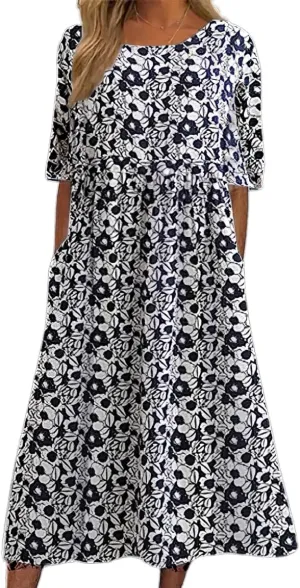 Women's Boho Floral Flowy A Line Midi Dress Loose Summer Casual Short Sleeve Beach Vacation Dresses with Pockets