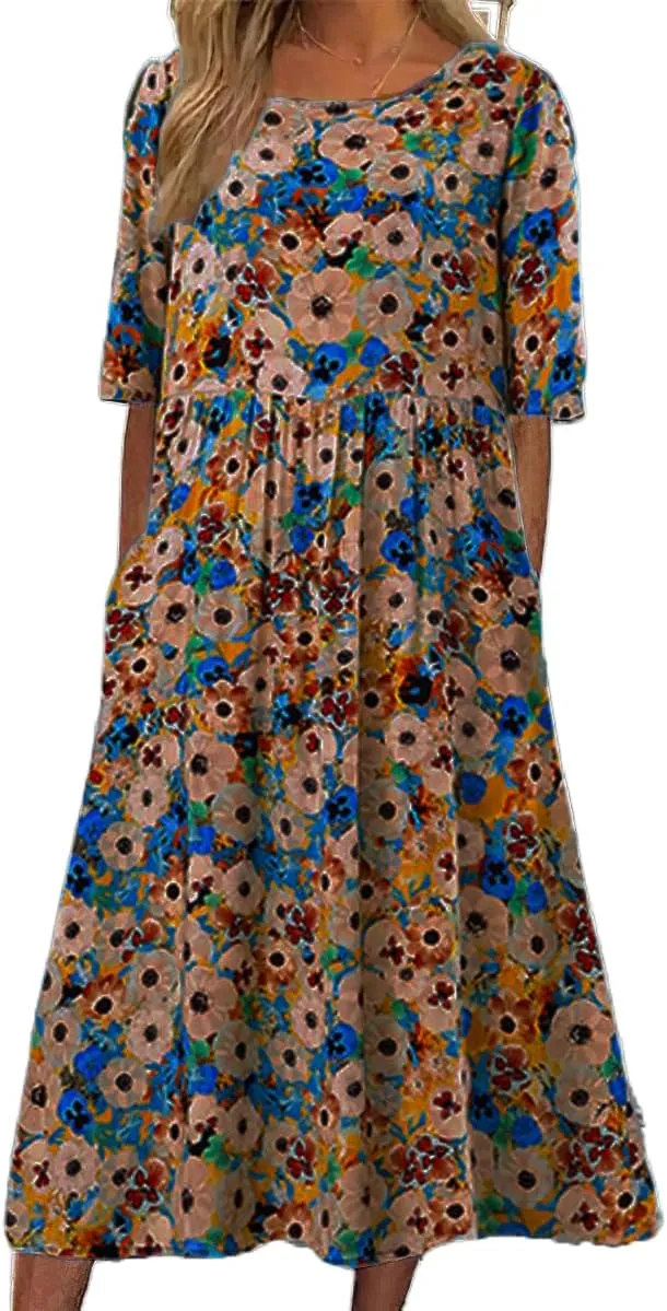 Women's Boho Floral Flowy A Line Midi Dress Loose Summer Casual Short Sleeve Beach Vacation Dresses with Pockets