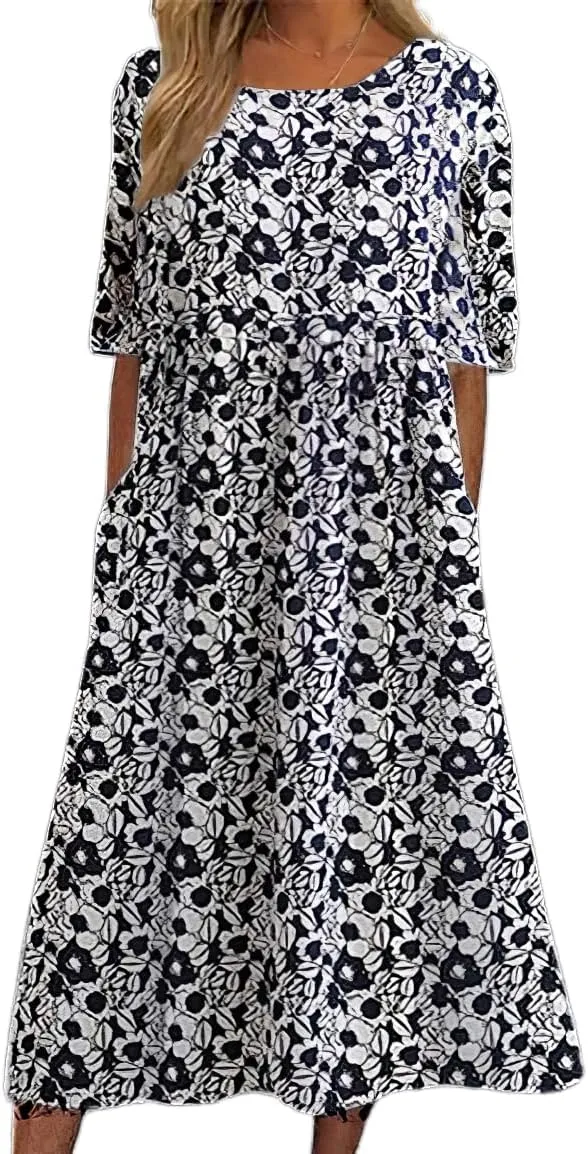 Women's Boho Floral Flowy A Line Midi Dress Loose Summer Casual Short Sleeve Beach Vacation Dresses with Pockets