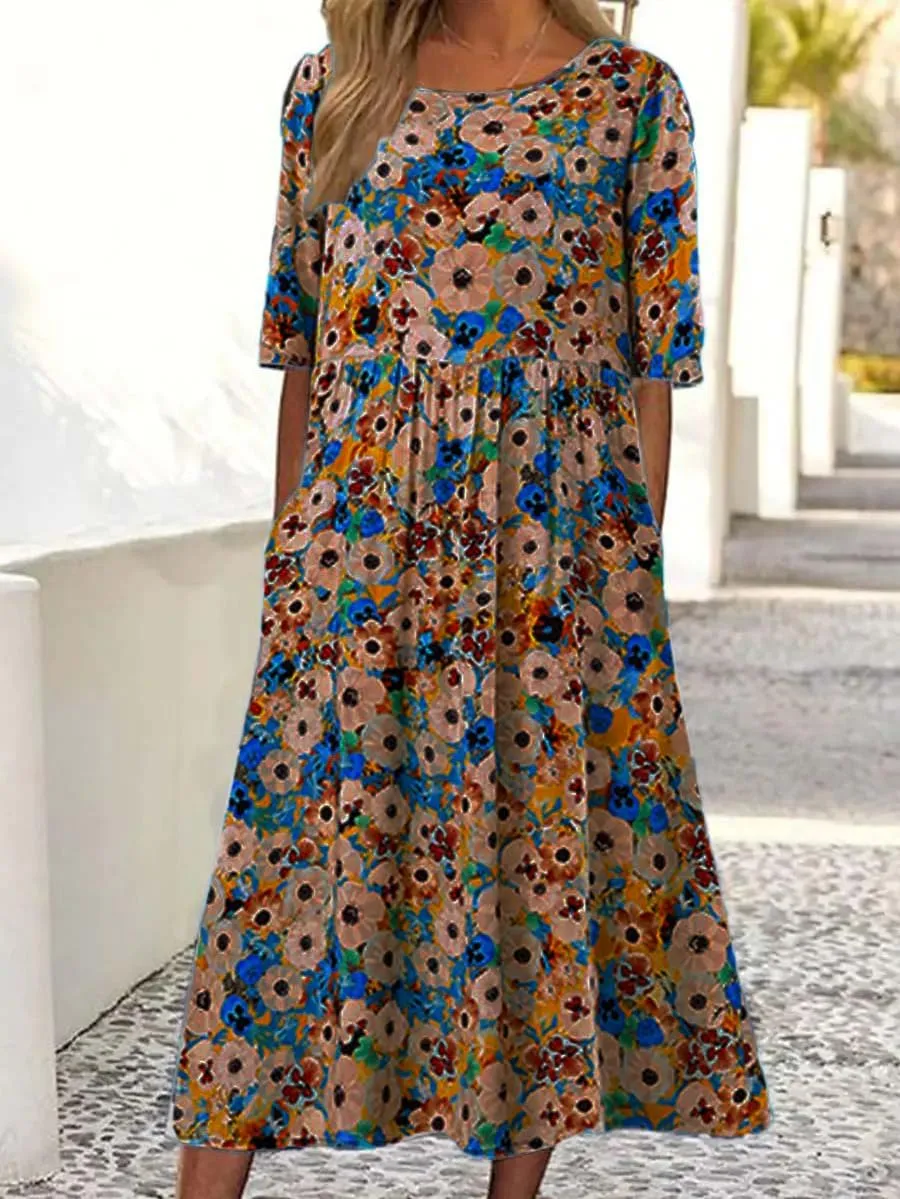 Women's Boho Floral Flowy A Line Midi Dress Loose Summer Casual Short Sleeve Beach Vacation Dresses with Pockets