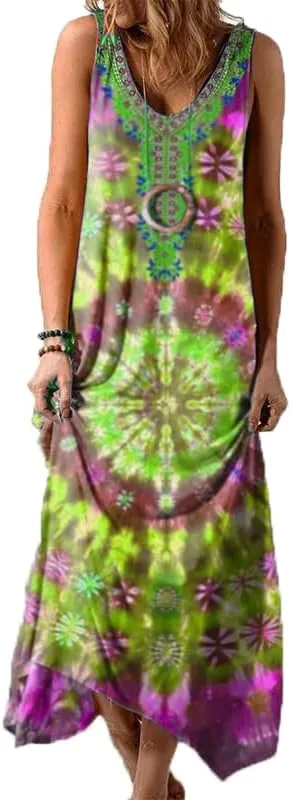 Women's Boho Floral Maxi Sundress Casual Loose Summer Sleeveless Flowy Beach Vacation Tank Dresses Plus Size