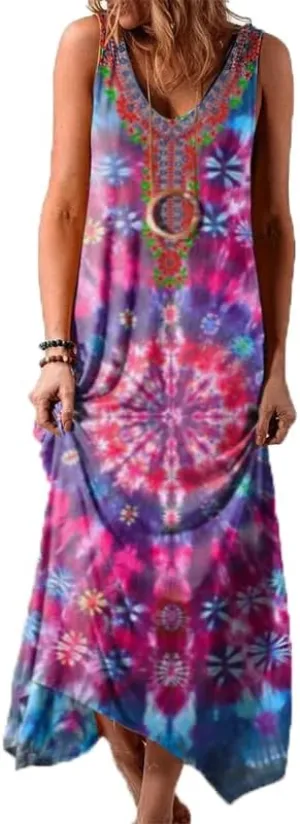 Women's Boho Floral Maxi Sundress Casual Loose Summer Sleeveless Flowy Beach Vacation Tank Dresses Plus Size