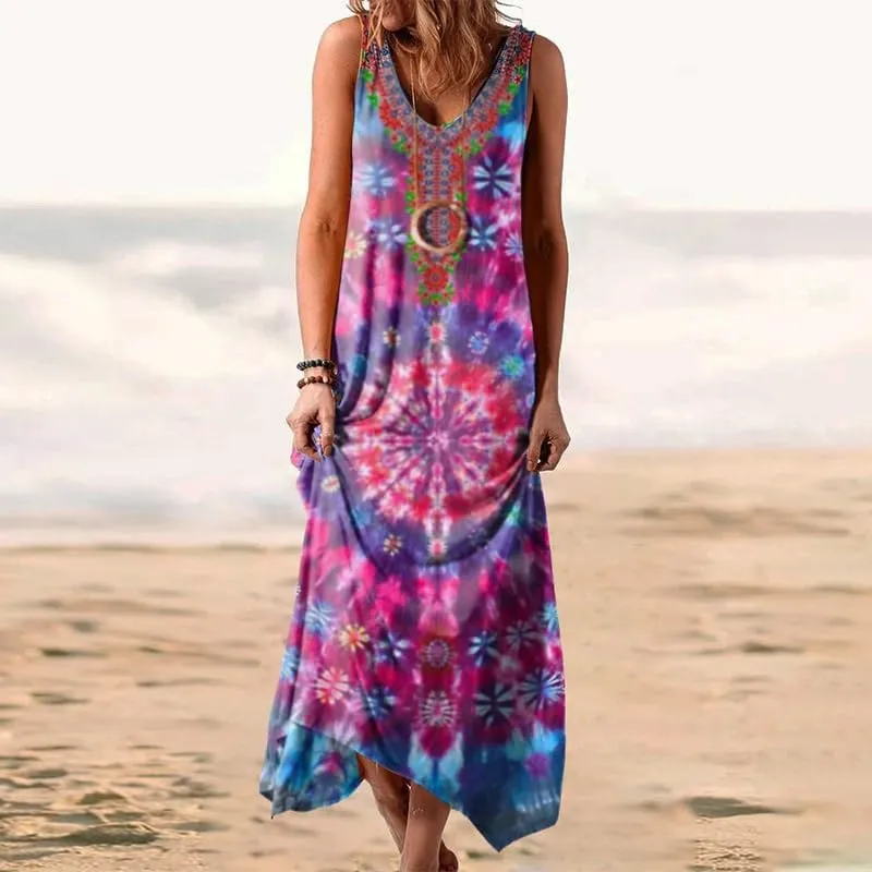 Women's Boho Floral Maxi Sundress Casual Loose Summer Sleeveless Flowy Beach Vacation Tank Dresses Plus Size