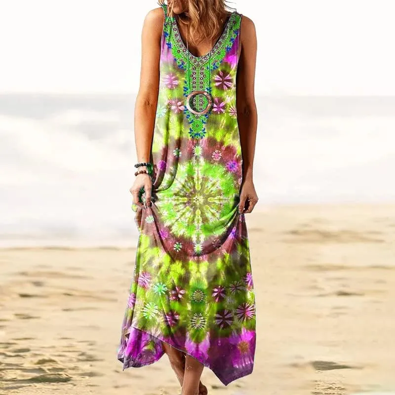 Women's Boho Floral Maxi Sundress Casual Loose Summer Sleeveless Flowy Beach Vacation Tank Dresses Plus Size