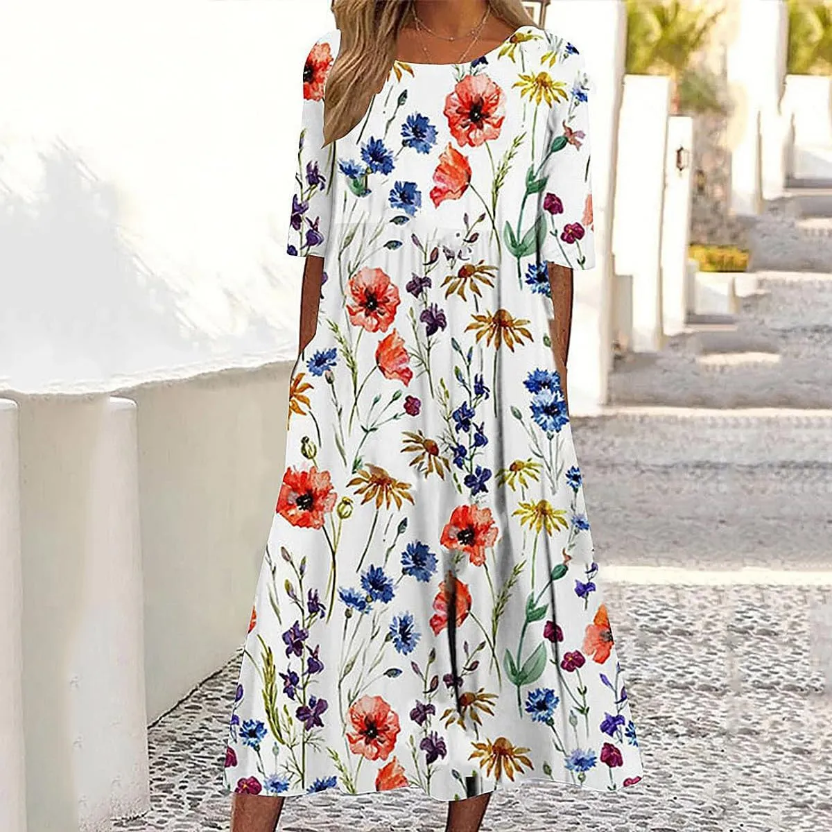 Womens Boho Floral Midi Tshirt Dress Casual Summer Loose Short Sleeve Beach Vacation Dress with Pockets
