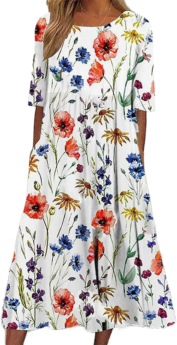 Womens Boho Floral Midi Tshirt Dress Casual Summer Loose Short Sleeve Beach Vacation Dress with Pockets