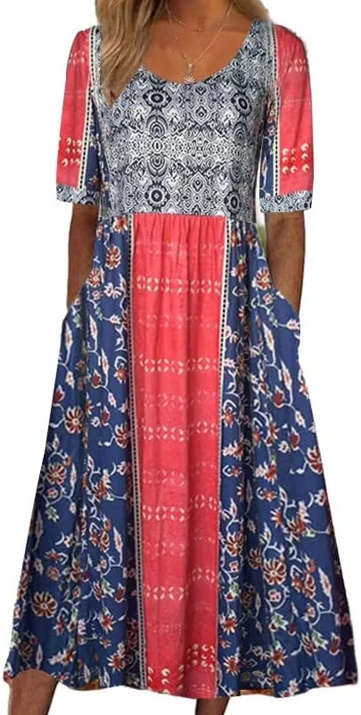 Womens Boho Floral Midi Tshirt Dress Casual Summer Loose Short Sleeve Beach Vacation Dress with Pockets