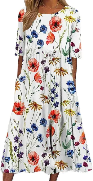Womens Boho Floral Midi Tshirt Dress Casual Summer Loose Short Sleeve Beach Vacation Dress with Pockets