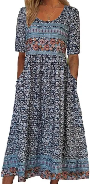 Womens Boho Floral Midi Tshirt Dress Casual Summer Loose Short Sleeve Beach Vacation Dress with Pockets