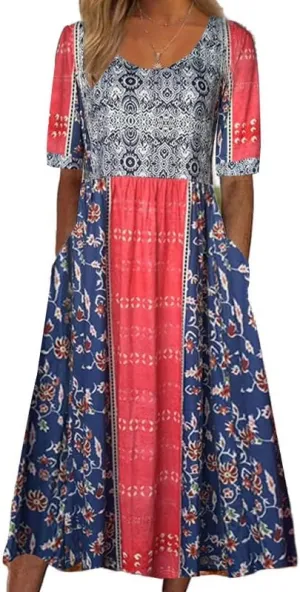 Womens Boho Floral Midi Tshirt Dress Casual Summer Loose Short Sleeve Beach Vacation Dress with Pockets