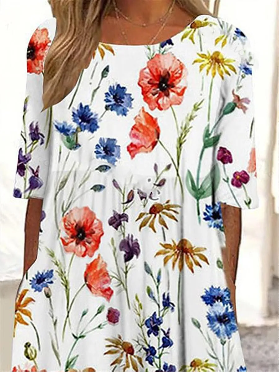 Womens Boho Floral Midi Tshirt Dress Casual Summer Loose Short Sleeve Beach Vacation Dress with Pockets