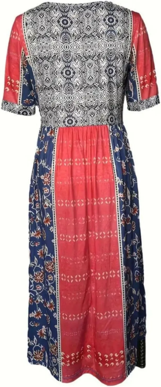 Women's Boho Summer Crewneck Floral Print Midi Tshirt Dress Casual Loose Short Sleeve Beach Dresses with Pockets