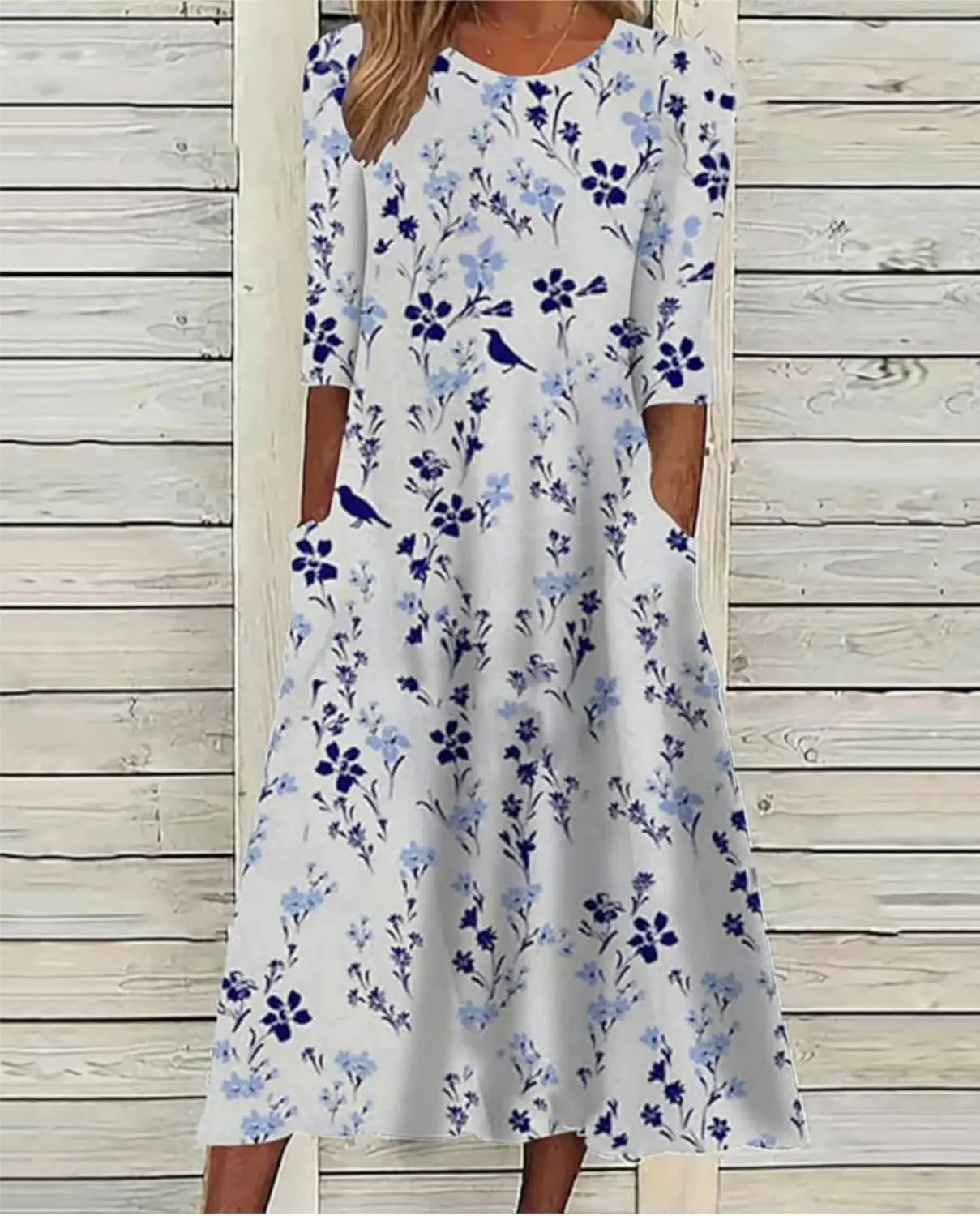 Women's Boho Summer Crewneck Floral Print Midi Tshirt Dress Casual Loose Short Sleeve Beach Dresses with Pockets