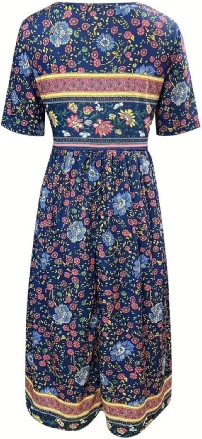 Women's Boho Summer Crewneck Floral Print Midi Tshirt Dress Casual Loose Short Sleeve Beach Dresses with Pockets