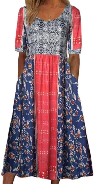 Women's Boho Summer Crewneck Floral Print Midi Tshirt Dress Casual Loose Short Sleeve Beach Dresses with Pockets
